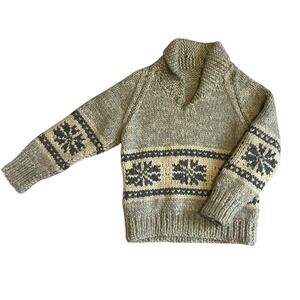 Vintage Handmade Cowichan Wool Sweater Snowflake Knit Gray Heritage Cabincore M